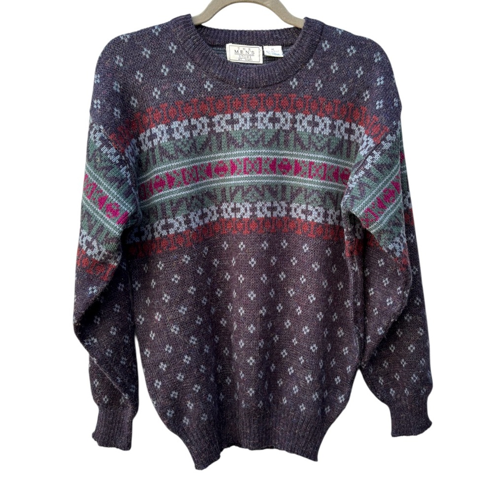 Vintage 80’s Sears Men’s M Charcoal Gray Multi Fair Isle Fuzzy Retro Sweater
